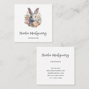 Rabbit Surrounded by Pastel Flowers Cute Square Business Card