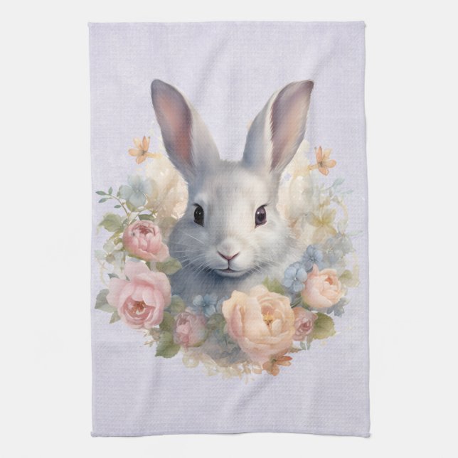 Rabbit Surrounded by Pastel Flowers Cute Tea Towel (Vertical)