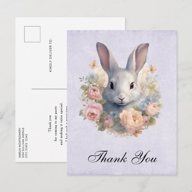Rabbit Surrounded by Pastel Flowers Cute Thank You Postcard (Front/Back)