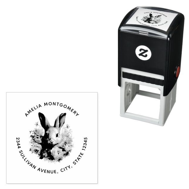 Rabbit Surrounded by Pretty Flowers Cute Address Self-inking Stamp (In Situ)
