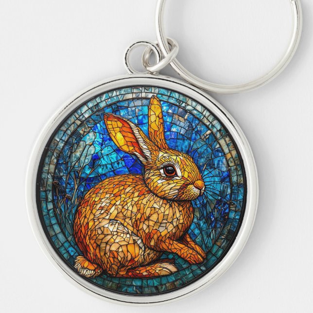 Rabbit Vibrant Stained Glass Artwork Key Ring (Front)