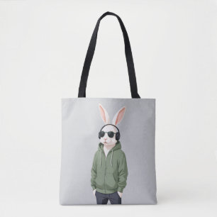 Rabbit Wearing Hoodie Funny Cool Animal Character Tote Bag