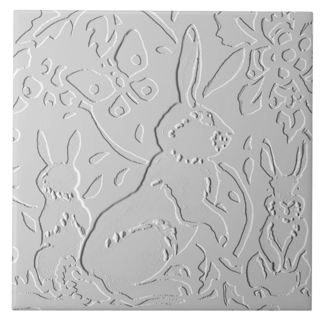 Rabbit White Grey Black Embossed  Woodland Animal Ceramic Tile (Front)