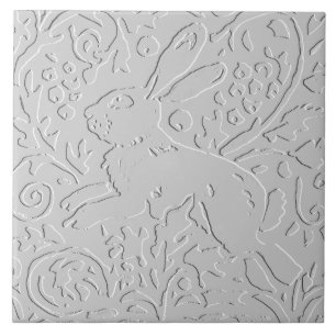 Rabbit White Grey Black Embossed  Woodland Animal Ceramic Tile