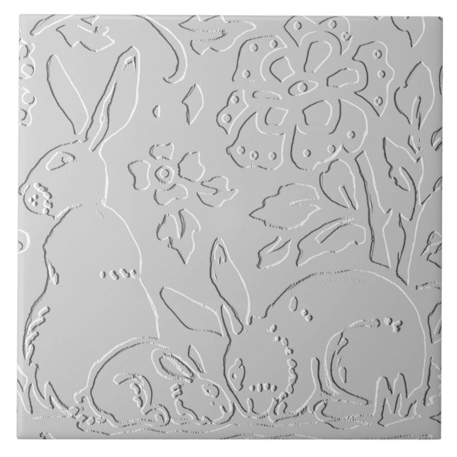 Rabbit White Grey Black Embossed  Woodland Animal Ceramic Tile (Front)