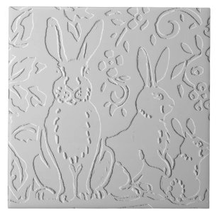 Rabbit White Grey Embossed Floral Woodland Animal Ceramic Tile