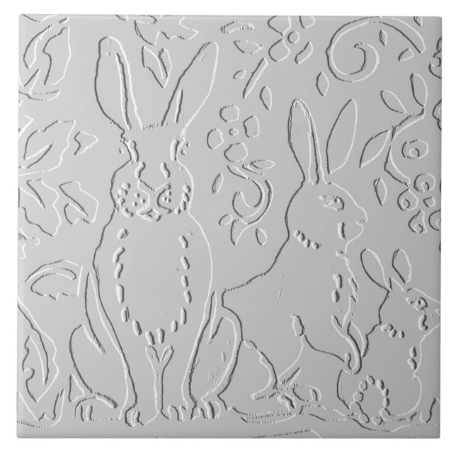 Rabbit White Grey Embossed Floral Woodland Animal Ceramic Tile (Front)