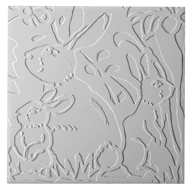 Rabbit White Grey Embossed Floral Woodland Animal Ceramic Tile (Front)