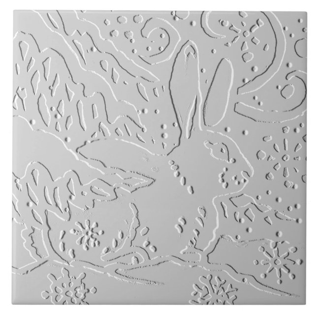Rabbit White Grey Embossed Woodland Snow Winter Ceramic Tile (Front)