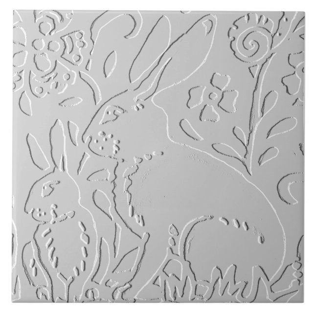 Rabbit White Grey Floral Embossed Woodland Animal Ceramic Tile (Front)