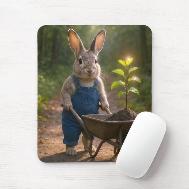 Rabbit With a Tree Sapling In a Wheelbarrow Mouse Pad (With Mouse)