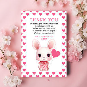 Rabbit with Balloon Pink Hearts Girl Baby Shower Thank You Card