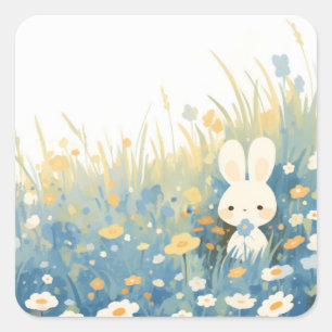 Rabbit with Blue Flower in Wildflower Meadow Square Sticker