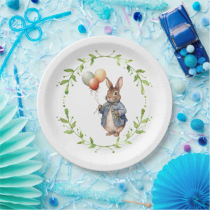 Rabbit with colorful balloons green wreath paper plate