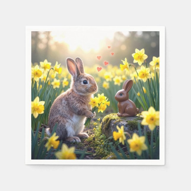 Rabbit with Daffodils for Chocolate Easter Bunny Napkin (Front)