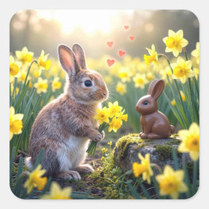 Rabbit with Daffodils for Chocolate Easter Bunny Square Sticker