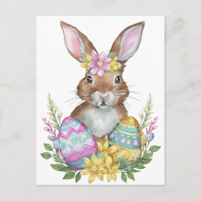 Rabbit with eggs and flowers holiday postcard (Front)