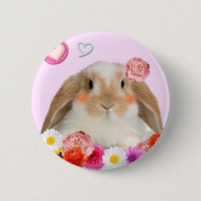 rabbit with flowers 6 cm round badge (Front)