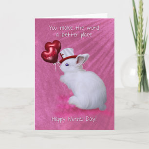 Rabbit With Heart Balloons And Cute Hat Nurses Day Card