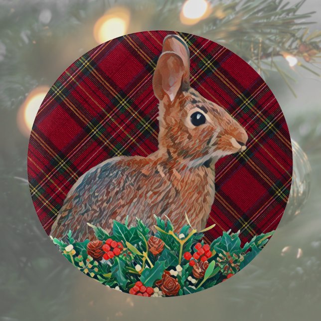 Rabbit with Holly Berries and Plaid 6 Cm Round Badge (Cute rabbit Christmas button pin makes a great stocking stuffer or Christmas party favor. )