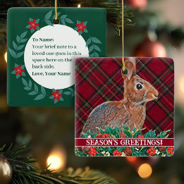 Rabbit with Holly Berries and Plaid Customisable Ceramic Ornament