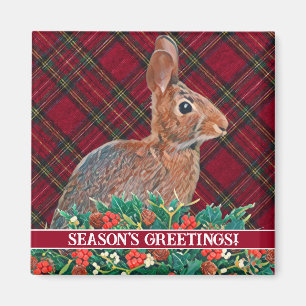 Rabbit with Holly Berries and Plaid Customisable Magnet