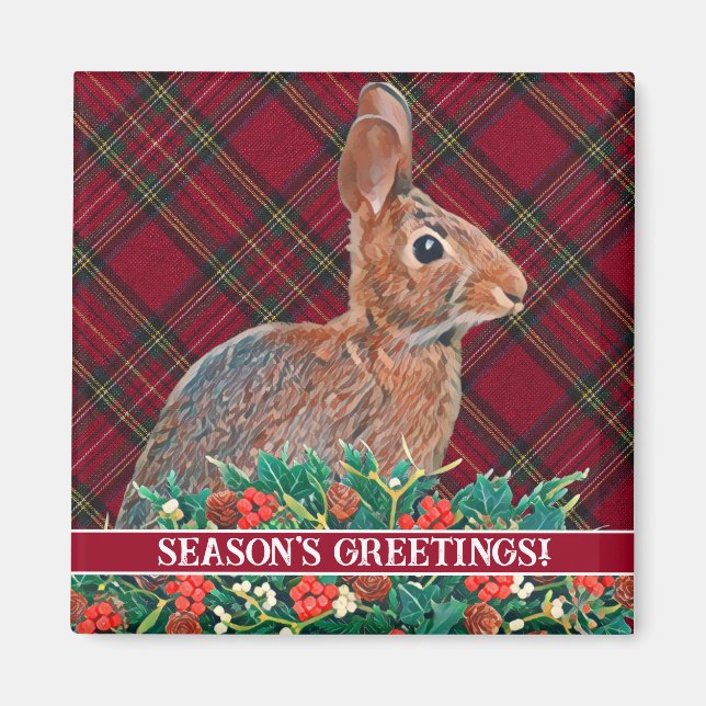 Rabbit with Holly Berries and Plaid Customisable Magnet (Front)
