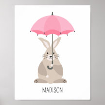 Rabbit with umbrella custom name nursery wall art