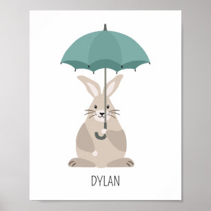 Rabbit with umbrella custom name nursery wall art
