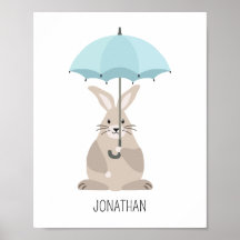 Rabbit with umbrella custom name nursery wall art