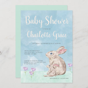 Rabbit Woodland Watercolor Unisex Baby Shower Invitation