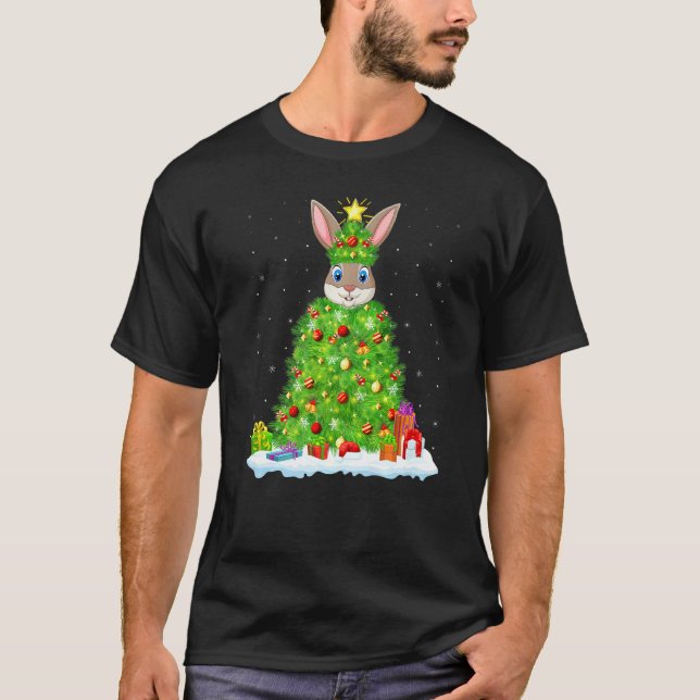 Rabbit Xmas Lighting Tree Funny Rabbit Christmas T-Shirt (Front)