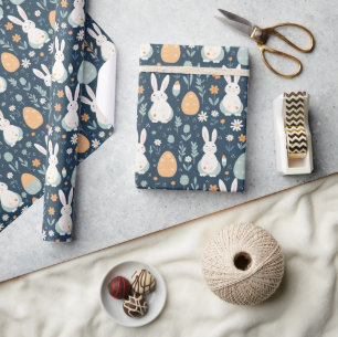 Rabbits And Eggs Garden Blue And Orange  Wrapping Paper