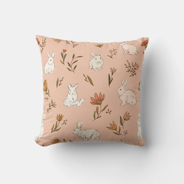 Rabbits and Florals Throw Pillow (Front)