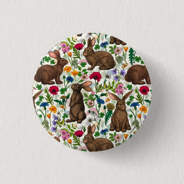 Rabbits and wildflowers 3 cm round badge (Front)