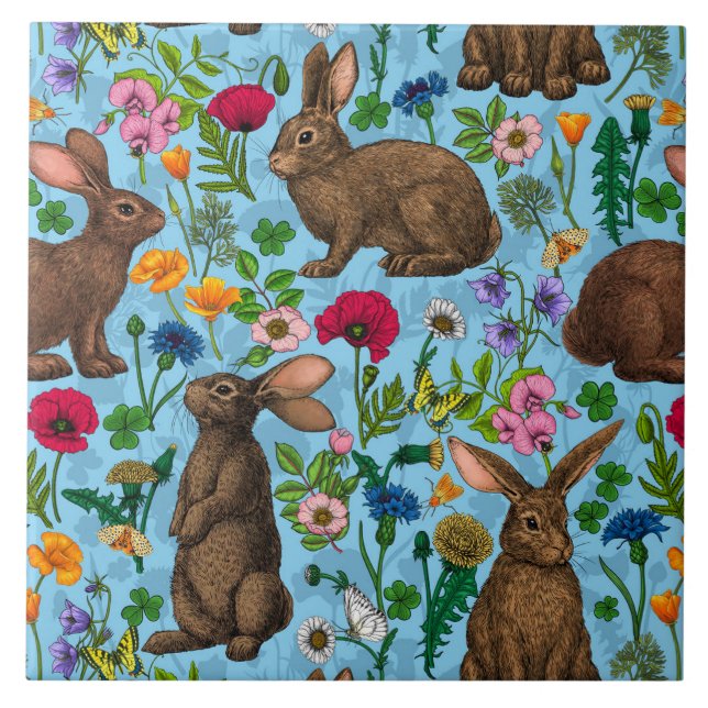 Rabbits and wildflowers ceramic tile (Front)
