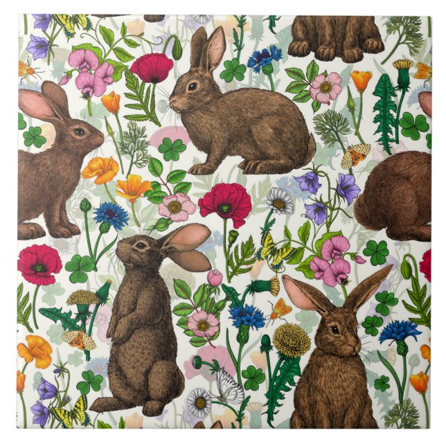 Rabbits and wildflowers ceramic tile (Front)