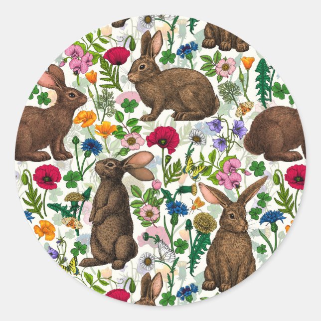 Rabbits and wildflowers classic round sticker (Front)