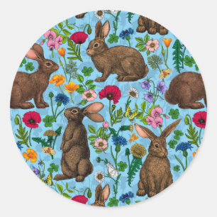 Rabbits and wildflowers classic round sticker