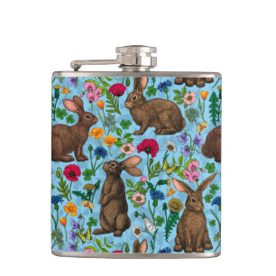 Rabbits and wildflowers hip flask