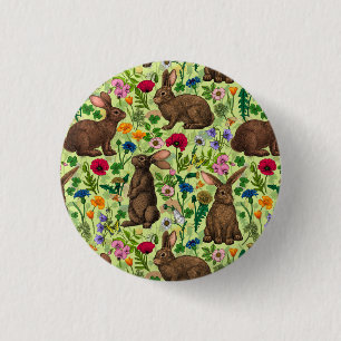 Rabbits and wildflowers on honeydew green 3 cm round badge