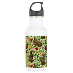 Rabbits and wildflowers on honeydew green 532 ml water bottle