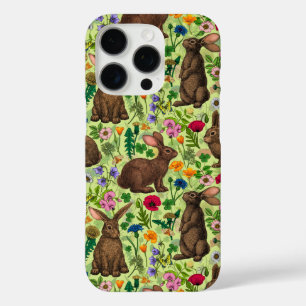 Rabbits and wildflowers on honeydew green iPhone 16 pro case