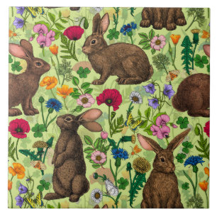 Rabbits and wildflowers on honeydew green ceramic tile