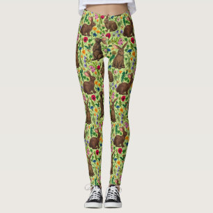Rabbits and wildflowers on honeydew green leggings