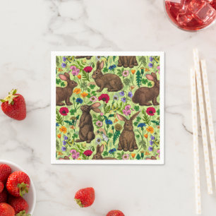 Rabbits and wildflowers on honeydew green napkin