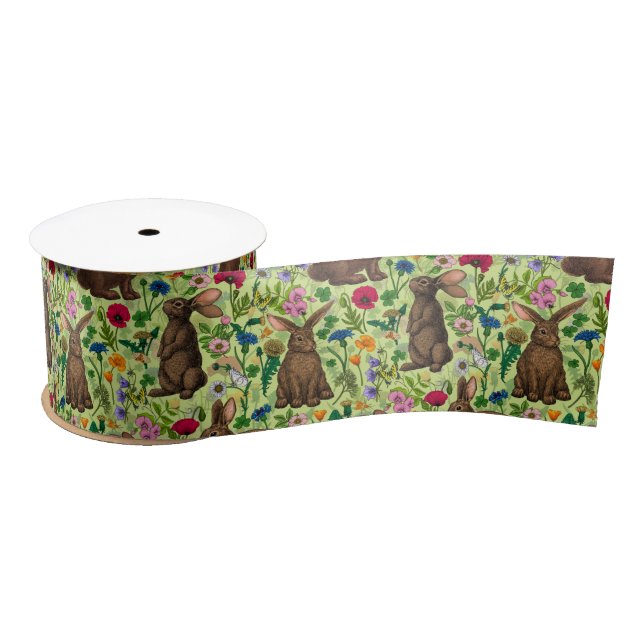 Rabbits and wildflowers on honeydew green satin ribbon (Spool)
