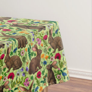 Rabbits and wildflowers on honeydew green tablecloth