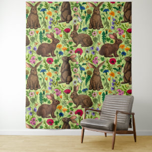 Rabbits and wildflowers on honeydew green tapestry