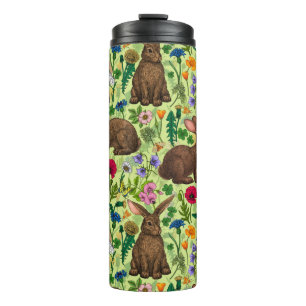 Rabbits and wildflowers on honeydew green thermal tumbler